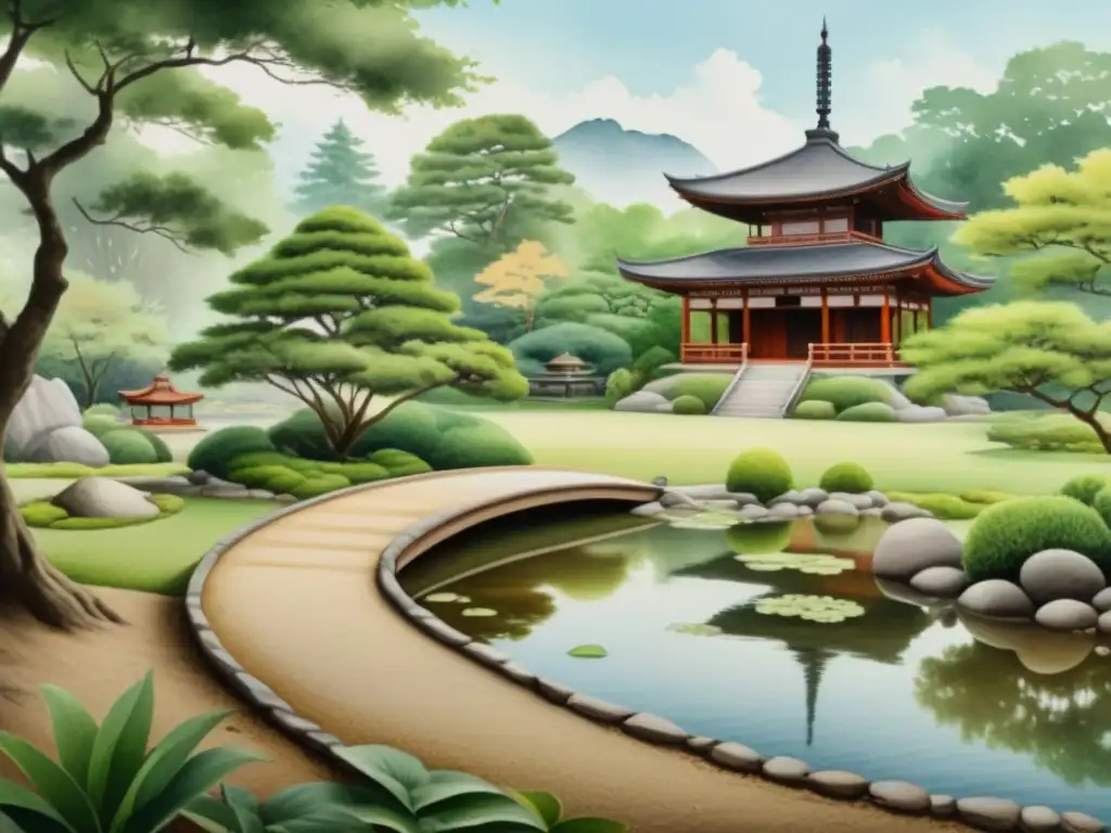 Una pintura serena de un jardín Zen tradicional, con sutras poéticos, sabiduría zen y versos entrelazados en la naturaleza tranquila