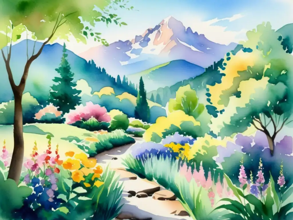 Una pintura acuarela serena con un jardín tranquilo, flores vibrantes, un arroyo y montañas majestuosas en el fondo