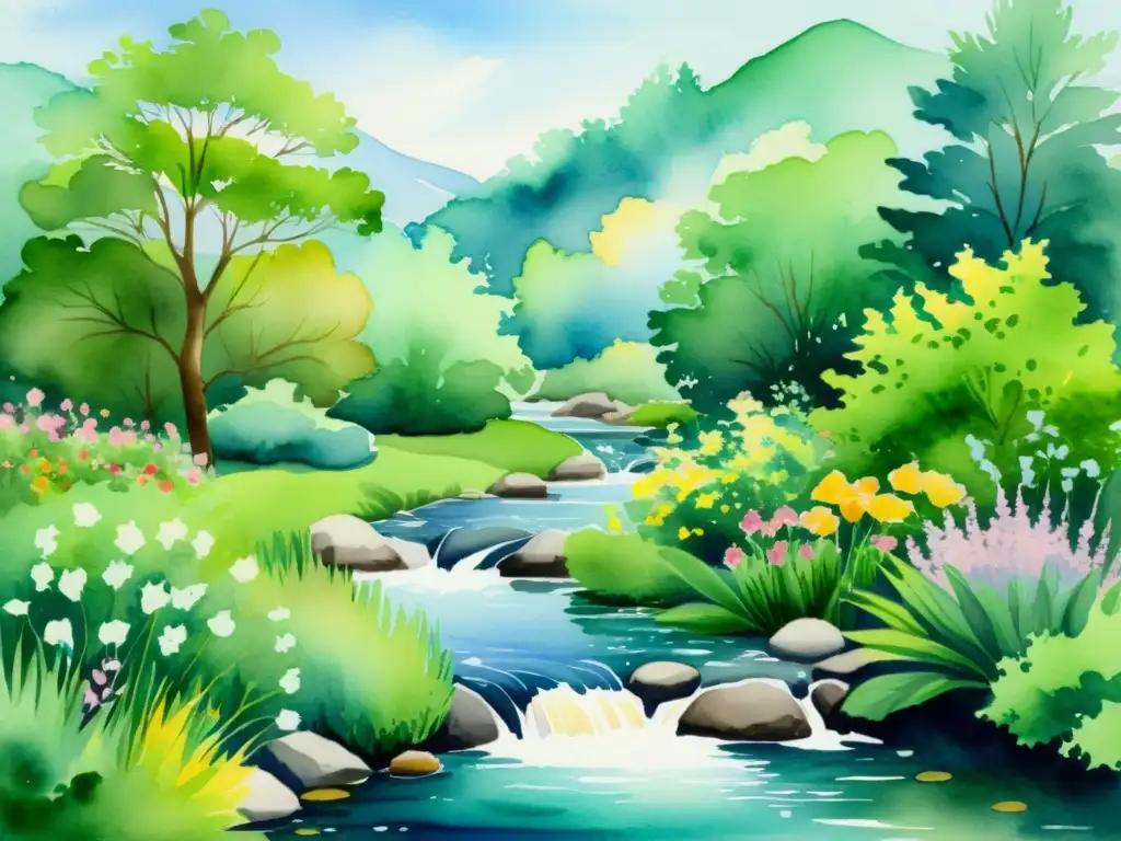 Pintura acuarela de jardín sereno con arroyo, follaje exuberante y flores coloridas