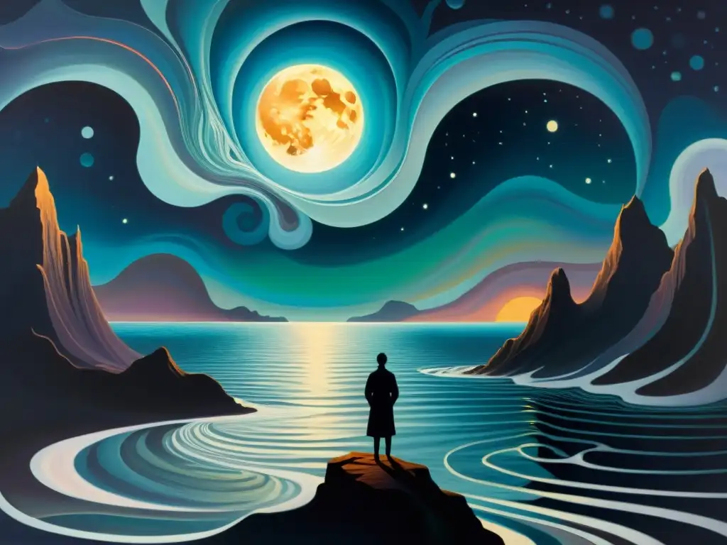 Una pintura surrealista de un paisaje iluminado por la luna con una figura solitaria al borde de un mar oscuro y tumultuoso