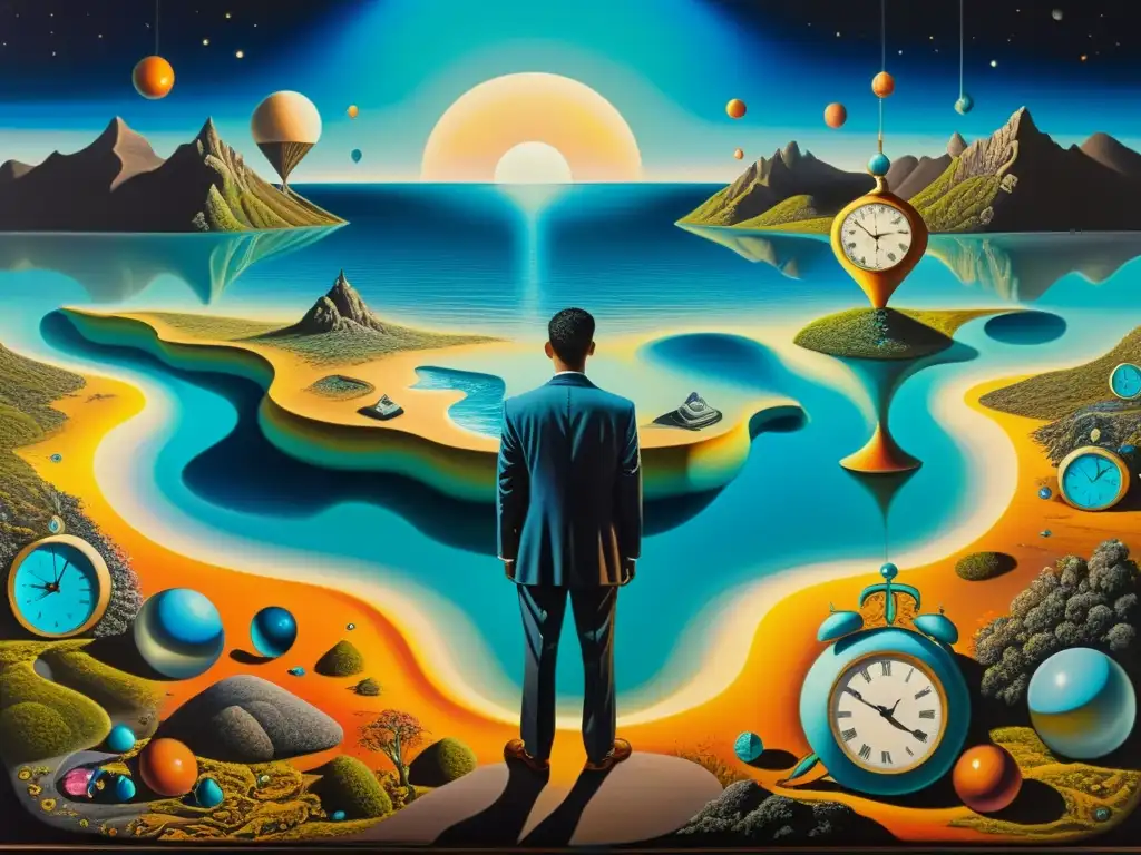 Una pintura surrealista con paisaje onírico, relojes derretidos y figuras distorsionadas