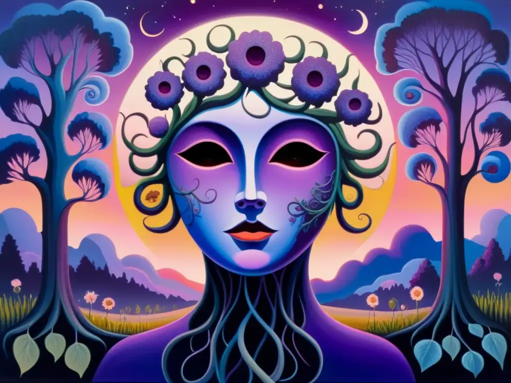 Una pintura surrealista de un ser enmascarado en un bosque al atardecer, rodeado de enredaderas y flores con ojos, expresando diversas emociones