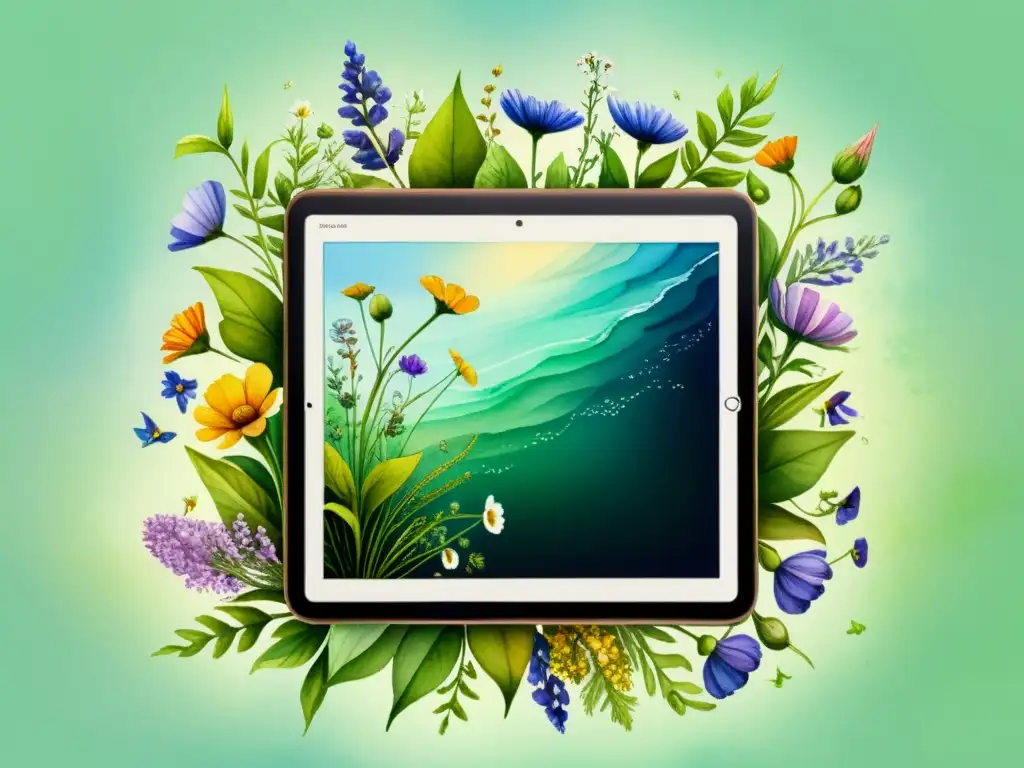 Pintura acuarela de una tableta digital rodeada de flores silvestres, poesía entrelazada, fusionando tecnología y naturaleza: Poesía en la era de la pantalla