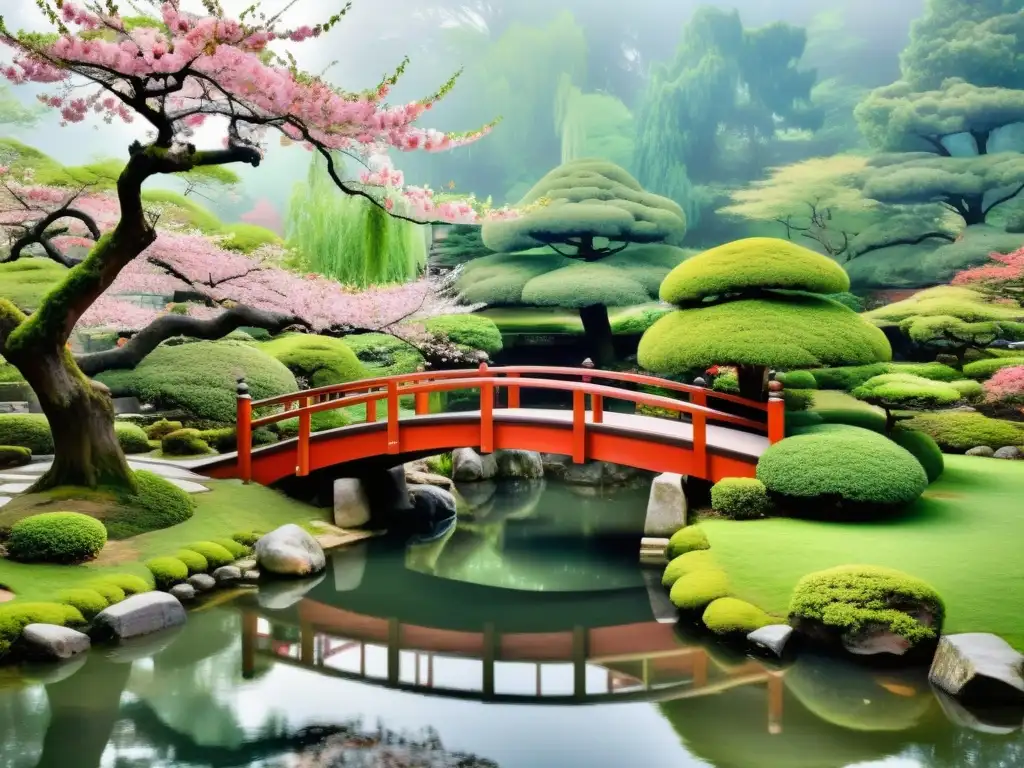 Pintura acuarela de un jardín japonés tradicional con un estanque sereno, reflejando los colores vibrantes de los árboles de cerezo en plena floración