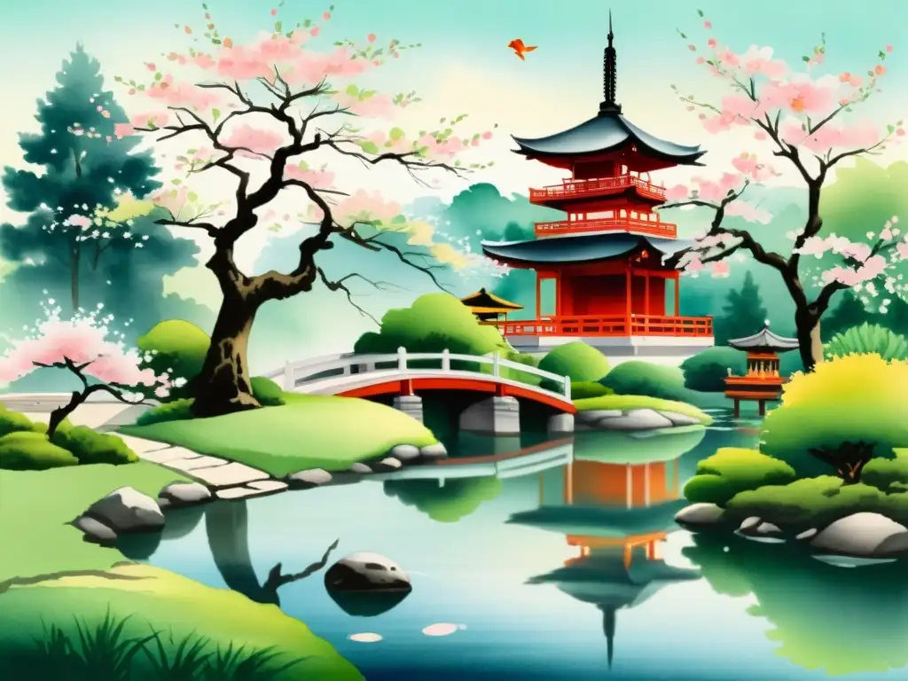 Una pintura tradicional japonesa de un sereno jardín con árbol de cerezo en flor, estanque de carpas koi y pagoda, evocando la poesía lírica nipona