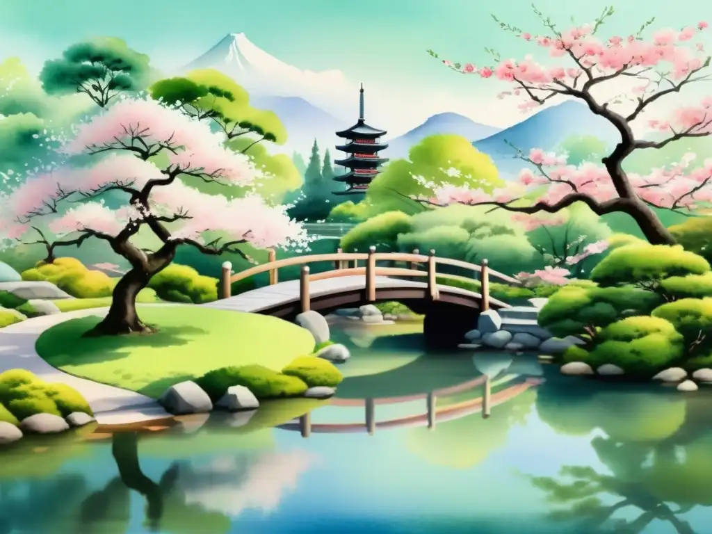 Pintura acuarela de un jardín japonés tradicional con puente, cerezos en flor y pagoda, reflejando la poesía en la era Meiji Japón