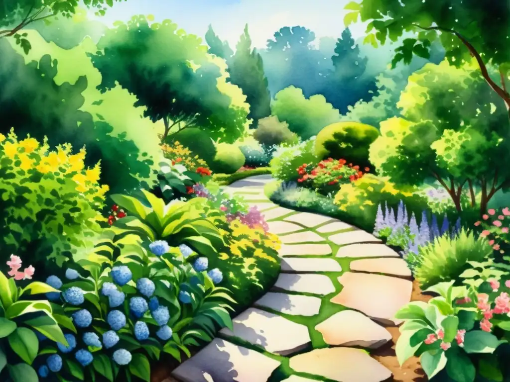 Jardín de flores y luz: acuarela serena Una pintura acuarela tranquila de un exuberante jardín vibrante con flores coloridas y follaje exuberante, con versos sostenibles en la poesía