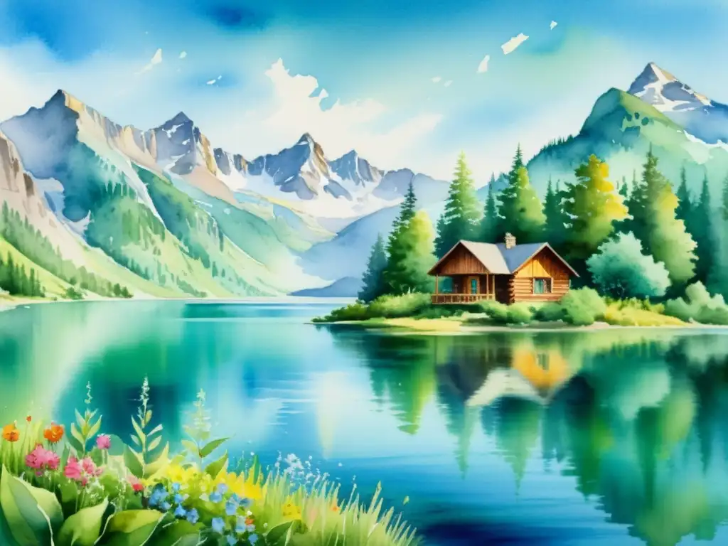 Una pintura acuarela tranquila de un lago en paisajes inspiradores, con montañas majestuosas, vegetación exuberante y flores silvestres