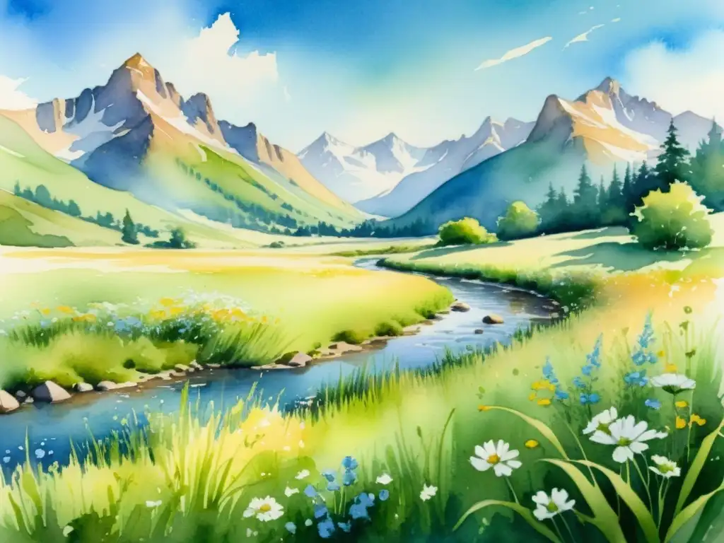 Una pintura tranquila de un prado verde vibrante con flores silvestres, arroyo y montañas nevadas, evocando armonía y la belleza natural