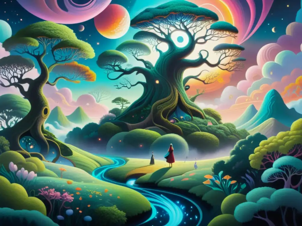 Una pintura 8k ultradetallada de un paisaje onírico surrealista con colores vibrantes y criaturas fantásticas
