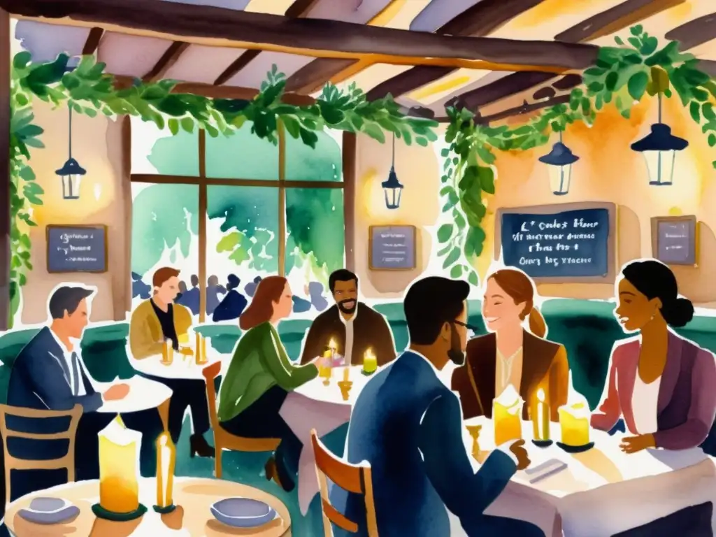 Vibrante evento de poesía en café íntimo Una pintura acuarela vibrante de un animado evento poético en un acogedor café, creando una atmósfera íntima