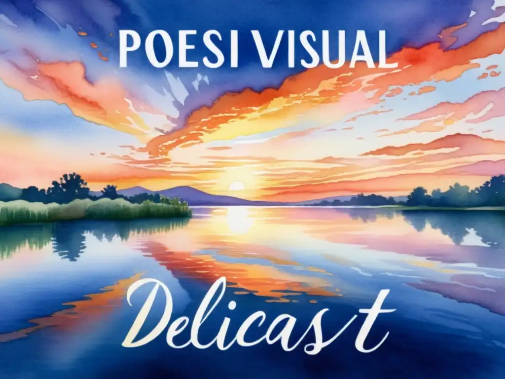 Pintura acuarela de un vibrante atardecer sobre un lago tranquilo, con la frase 'Poesía Visual' entre los reflejos del agua, fusionando imagen y texto