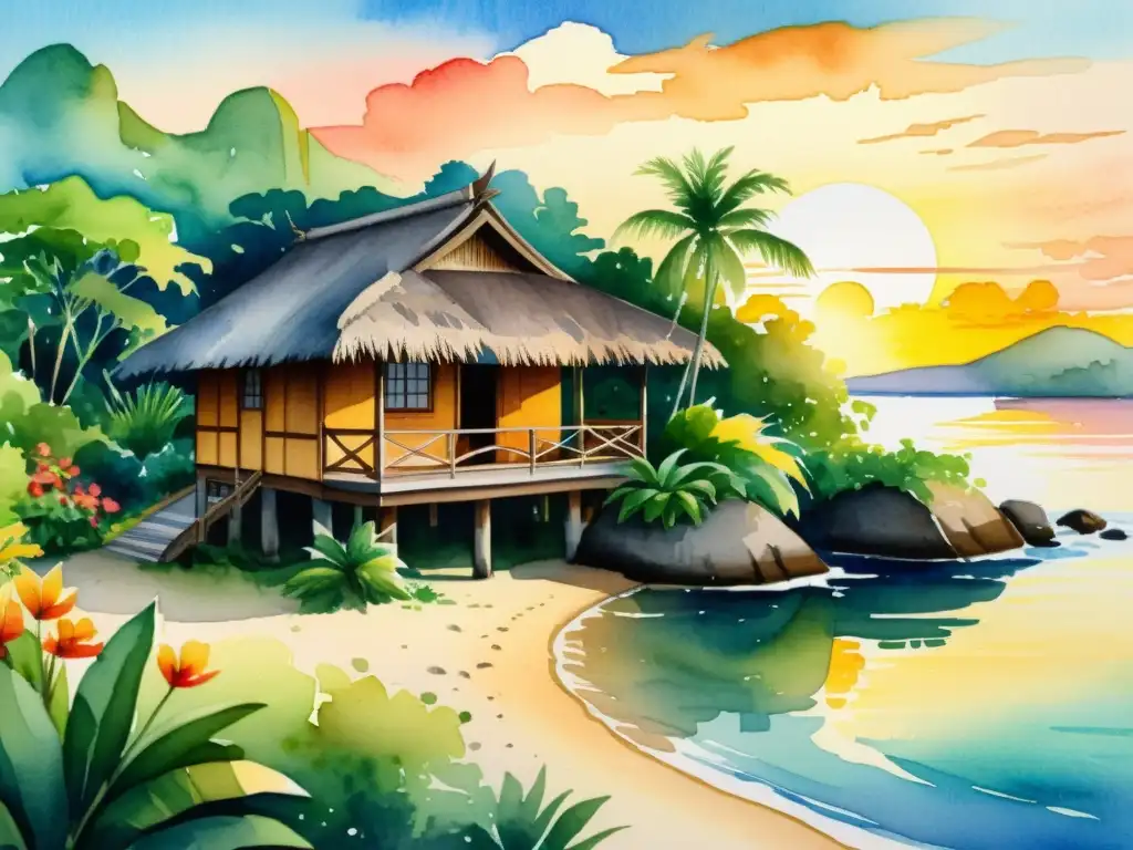 Pintura acuarela vibrante de un bahay kubo filipino rodeado de exuberante vegetación, con un atardecer dorado sobre un océano tranquilo