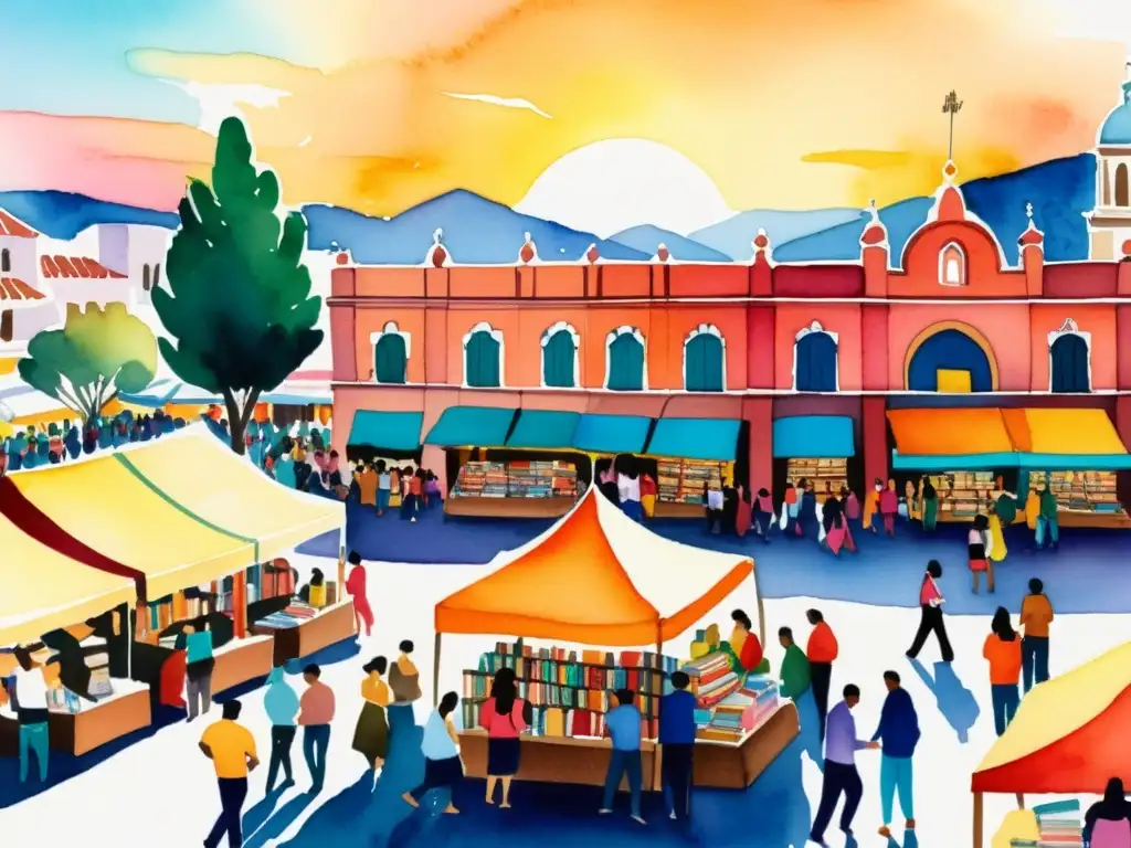 Una pintura vibrante de una bulliciosa feria del libro en Guadalajara, México