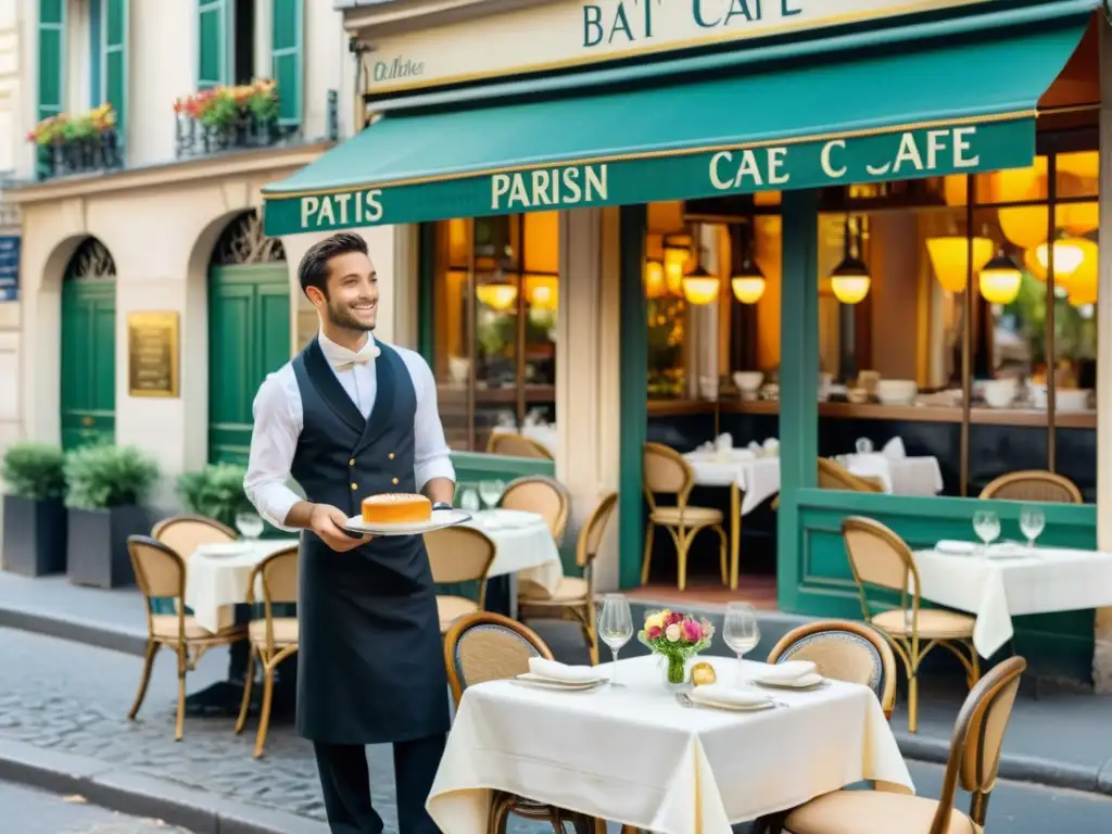 Una pintura acuarela vibrante de un café parisino, con mesas elegantes y una escena bañada en cálida luz dorada