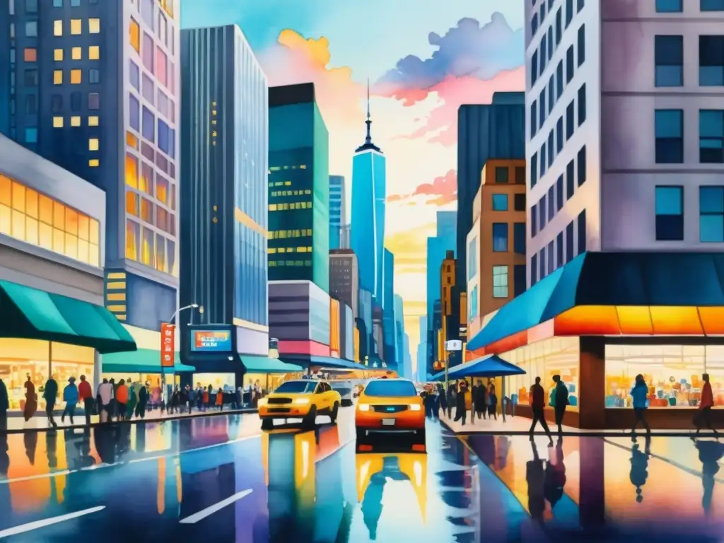 Una pintura acuarela vibrante de una ciudad bulliciosa y moderna al atardecer, reflejando la energía y diversidad de la vida urbana contemporánea