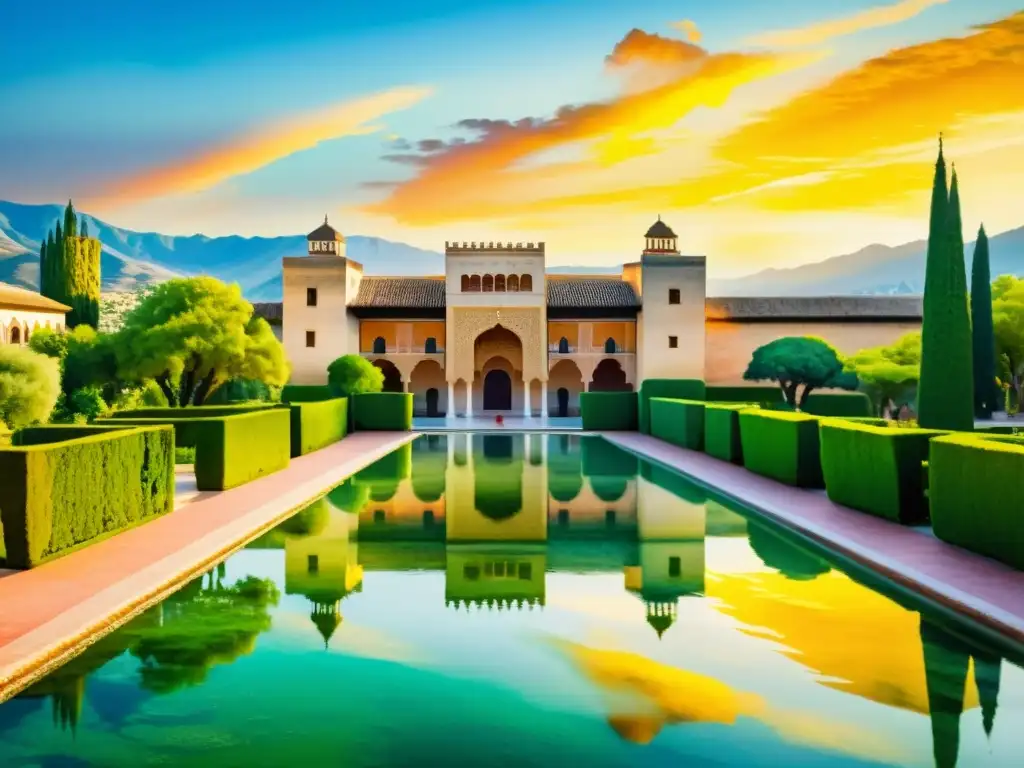 Una pintura acuarela vibrante de la Alhambra en Granada, con detalles arquitectónicos, jardines exuberantes y un cielo al atardecer