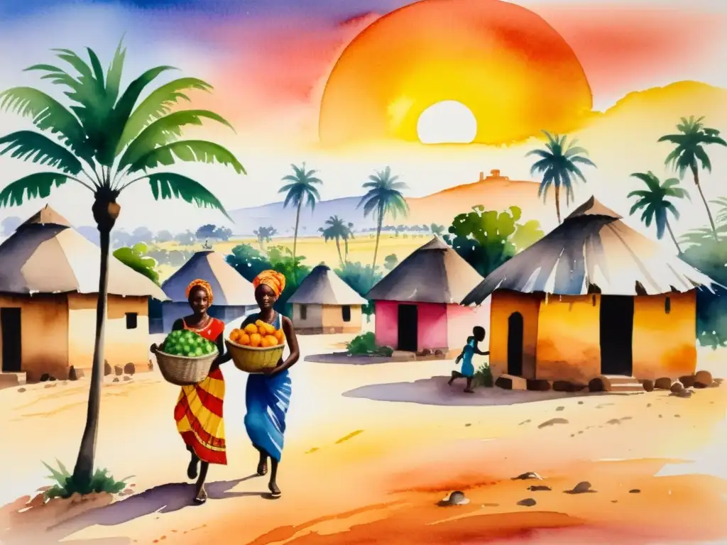 Una pintura acuarela vibrante de una escena de un pueblo tradicional de África Occidental, con mujeres vestidas con ropas coloridas llevando cestas de frutas en la cabeza, niños jugando en las calles polvorientas y palmeras meciéndose al fondo