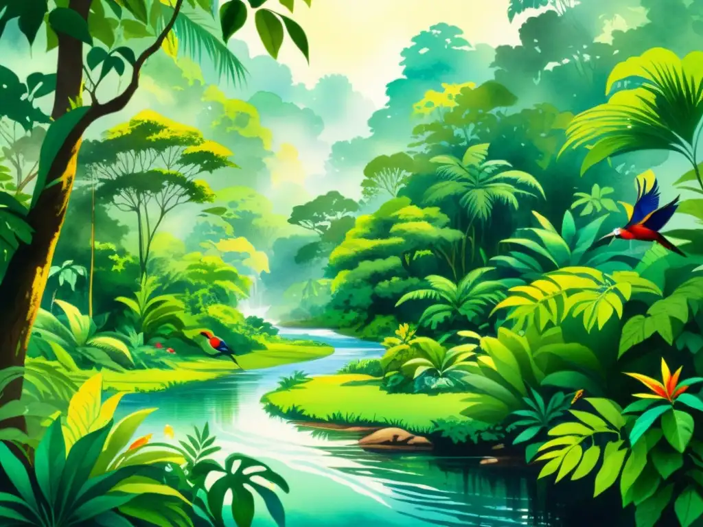 Una pintura acuarela vibrante de la exuberante selva con aves coloridas y un río