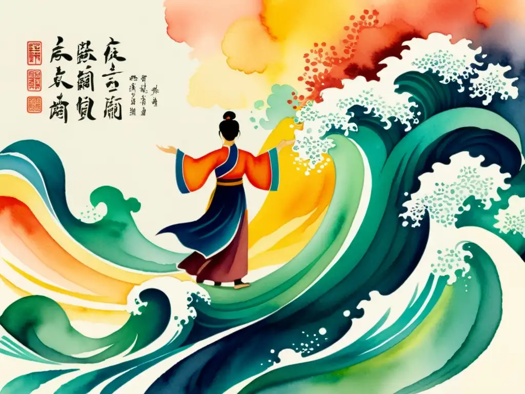 Pintura acuarela: Figura desafiante entre colores Una pintura acuarela vibrante de una figura solitaria desafiando la censura, con poemas Tang en los brazos