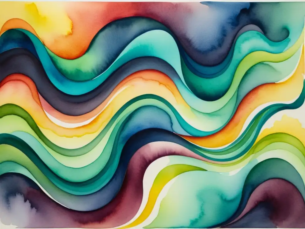 Pintura acuarela vibrante con formas abstractas en colores profundos y dinámicos, evocando movimiento y emoción