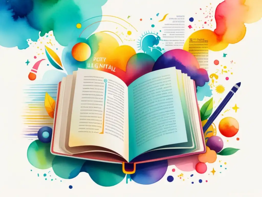 Una pintura acuarela vibrante de un libro rodeado de dispositivos tecnológicos, mostrando poesía multilingüe