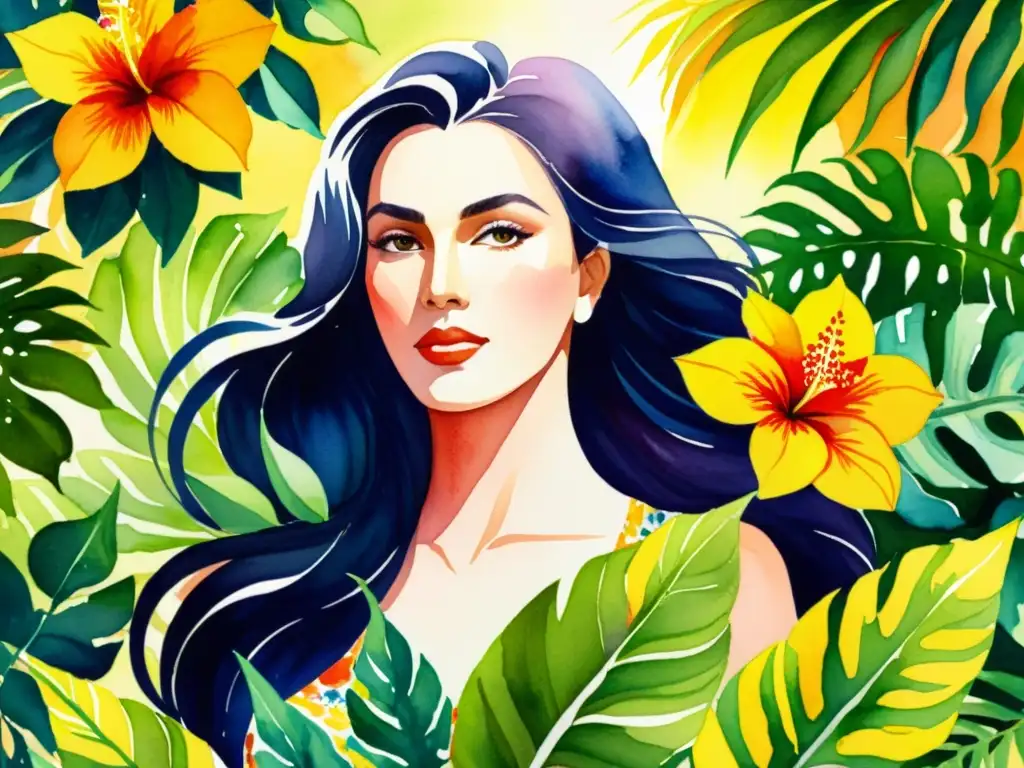 Una pintura acuarela vibrante de una mujer con cabello largo y ondulado, rodeada de exuberante follaje tropical y flores vibrantes