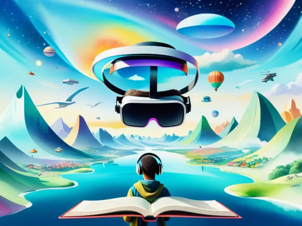 Una pintura acuarela vibrante muestra un mundo de realidad virtual futurista con libros de poesía flotantes y paisajes inmersivos