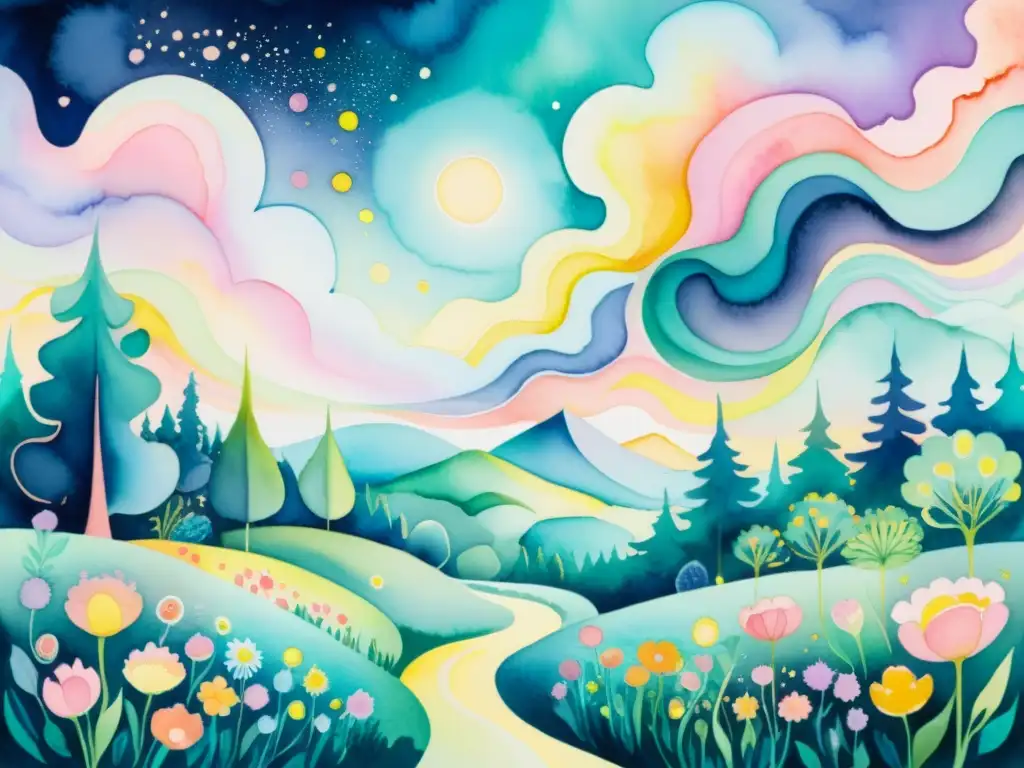 Cuadro acuarela vibrante: paisaje abstracto de flores fantásticas Una pintura acuarela vibrante de un paisaje abstracto y onírico