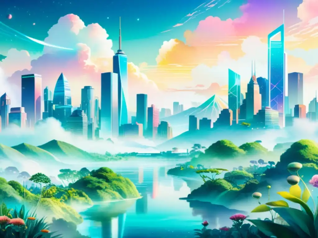 Pintura acuarela vibrante de paisaje digital con ciudad futurista y NFTs poéticos era digital, envuelta en flora exuberante y brillo etéreo