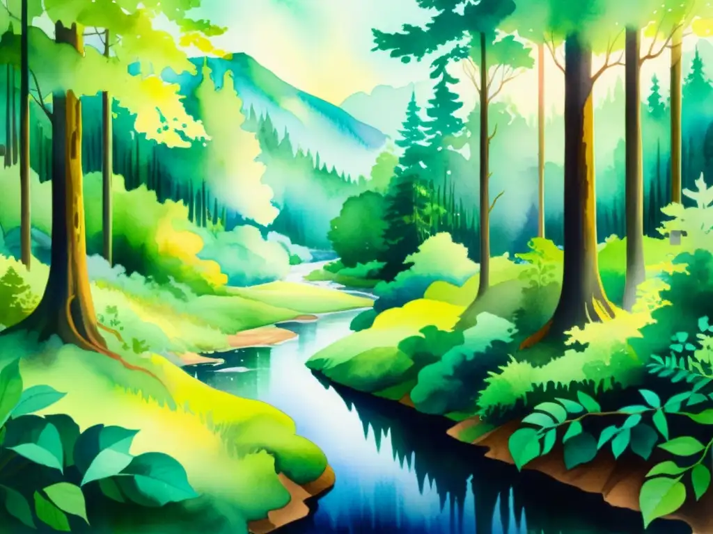 Una pintura acuarela vibrante de un paisaje etéreo, con un río reluciente serpenteando a través de un exuberante bosque fantástico