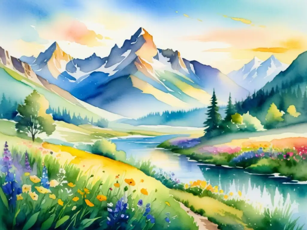 Una pintura acuarela vibrante de un paisaje poético, con un prado sereno y coloridas flores silvestres