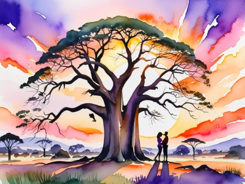 Una pintura acuarela vibrante de una pareja abrazándose bajo un baobab al atardecer en la sabana africana