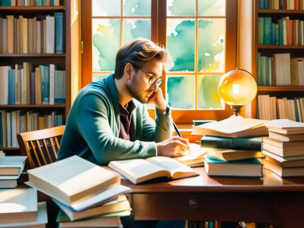 Una pintura acuarela vibrante de un poeta rodeado de libros y plumas, con luz solar que crea un ambiente cálido