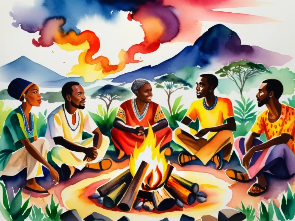 Pintura acuarela vibrante de poetas africanos recitando versos de poesía política y social alrededor de una fogata ardiente en África