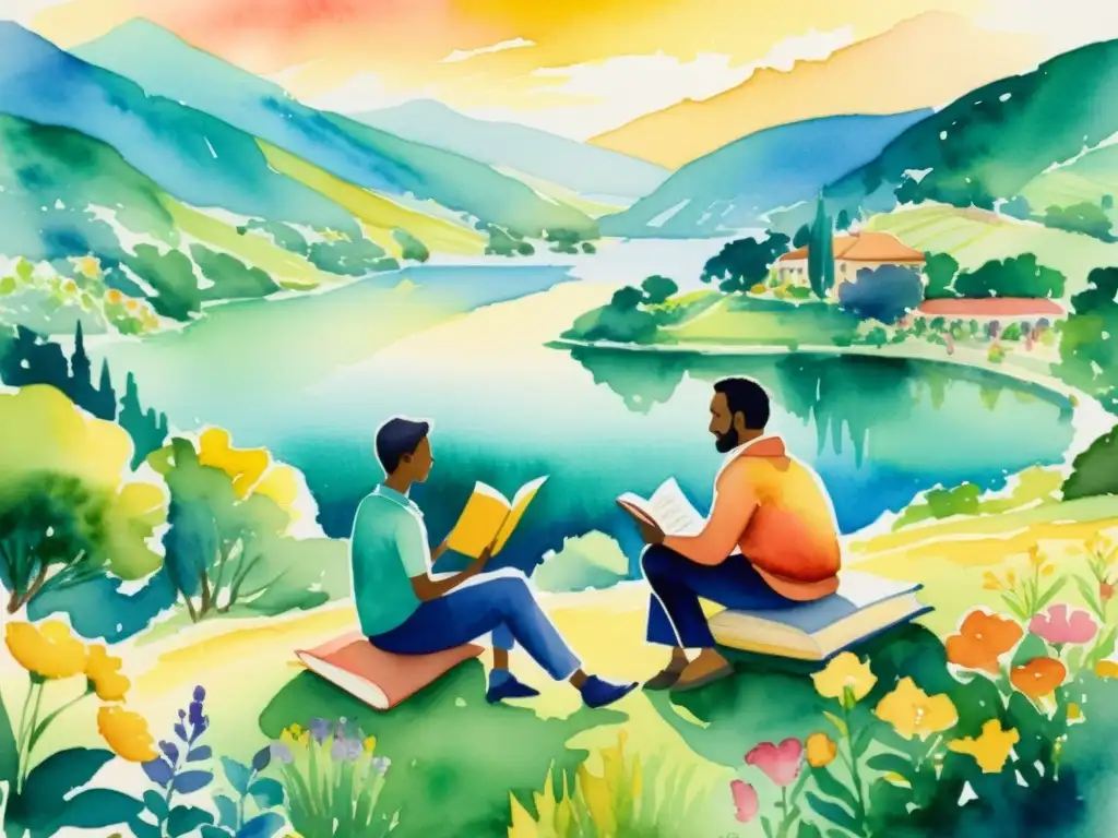 Una pintura acuarela vibrante muestra poetas de todo el mundo colaborando en una escena de camaradería junto a un lago sereno y colinas ondulantes