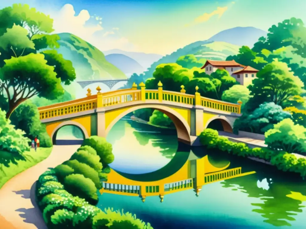 Pintura acuarela vibrante de un puente sobre un río, uniendo paisajes y culturas, reflejando la importancia de la poesía en identidades