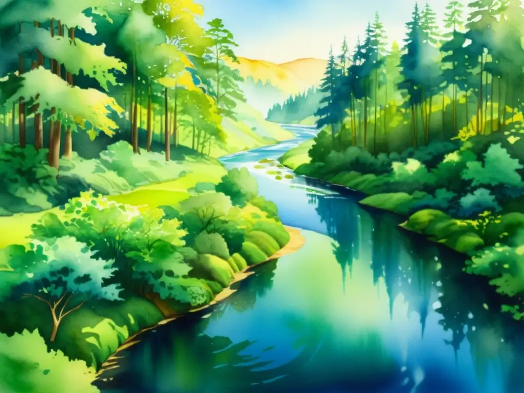 Una pintura acuarela vibrante de un río fluyendo entre un exuberante bosque