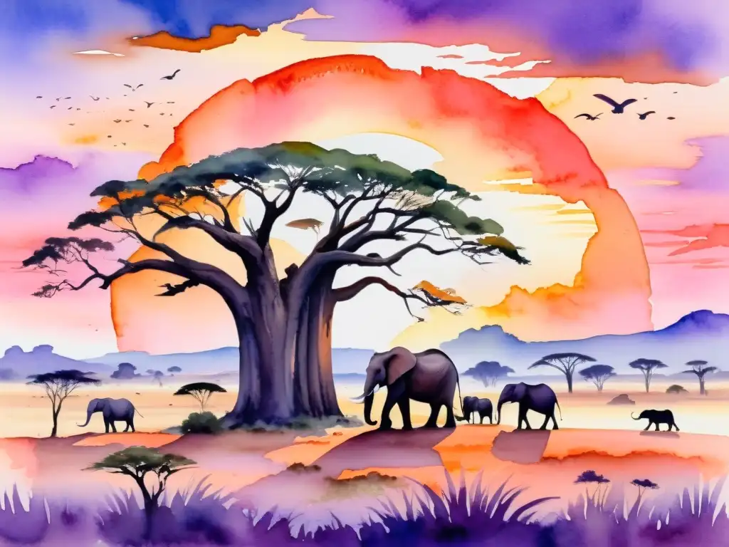 Una pintura acuarela vibrante de una serena sabana africana al atardecer, con un majestuoso árbol baobab en primer plano y una manada de elefantes en la distancia