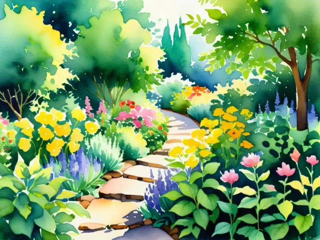 Pintura acuarela vibrante de un jardín sereno con flores coloridas y hierbas aromáticas