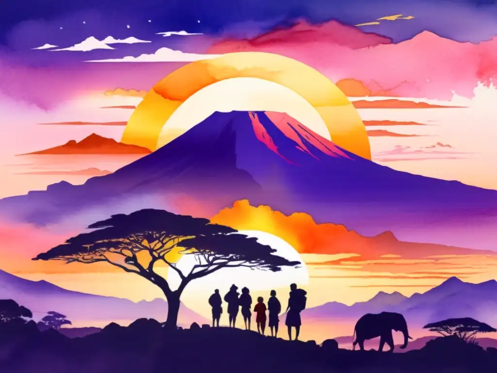 Una pintura acuarela vibrante de la silueta del Monte Kilimanjaro al atardecer, con una mezcla de colores púrpuras, rosas y naranjas en el cielo