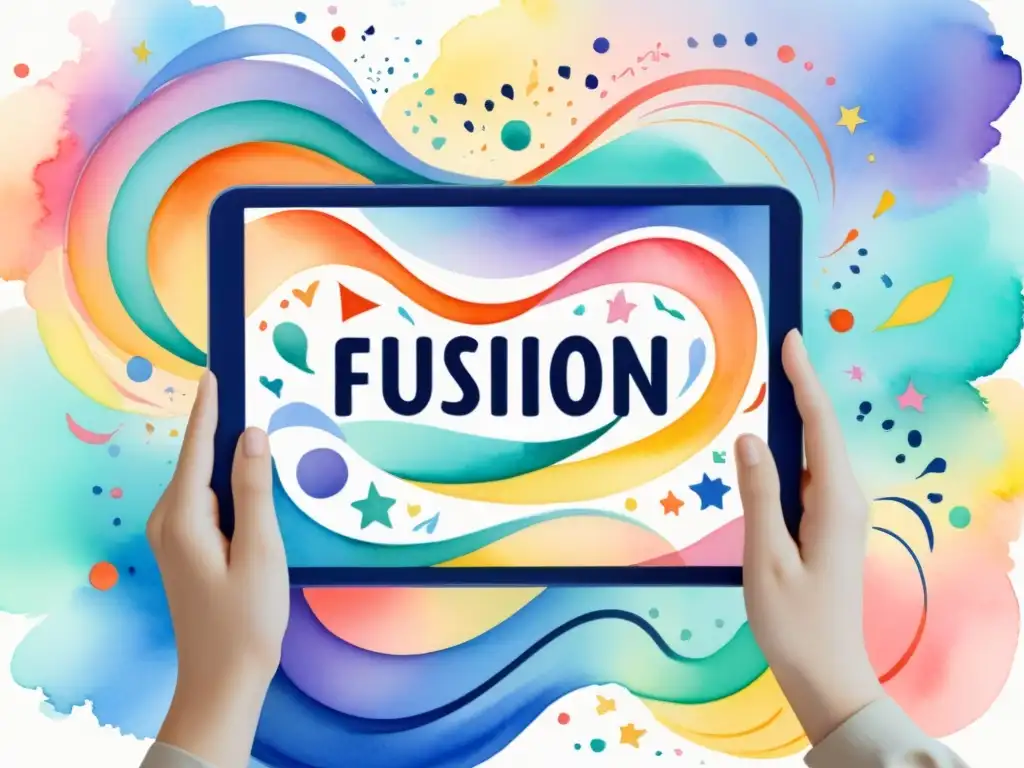 Una pintura acuarela vibrante de una tableta digital rodeada de líneas y formas coloridas, con palabras en varios idiomas emanando de la pantalla