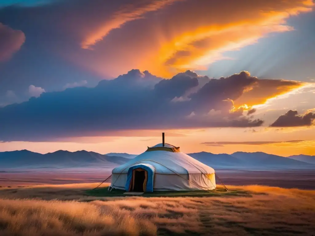 Una pintura de la poética estepa kazaja con una yurta tradicional destacando en un atardecer cálido y sereno