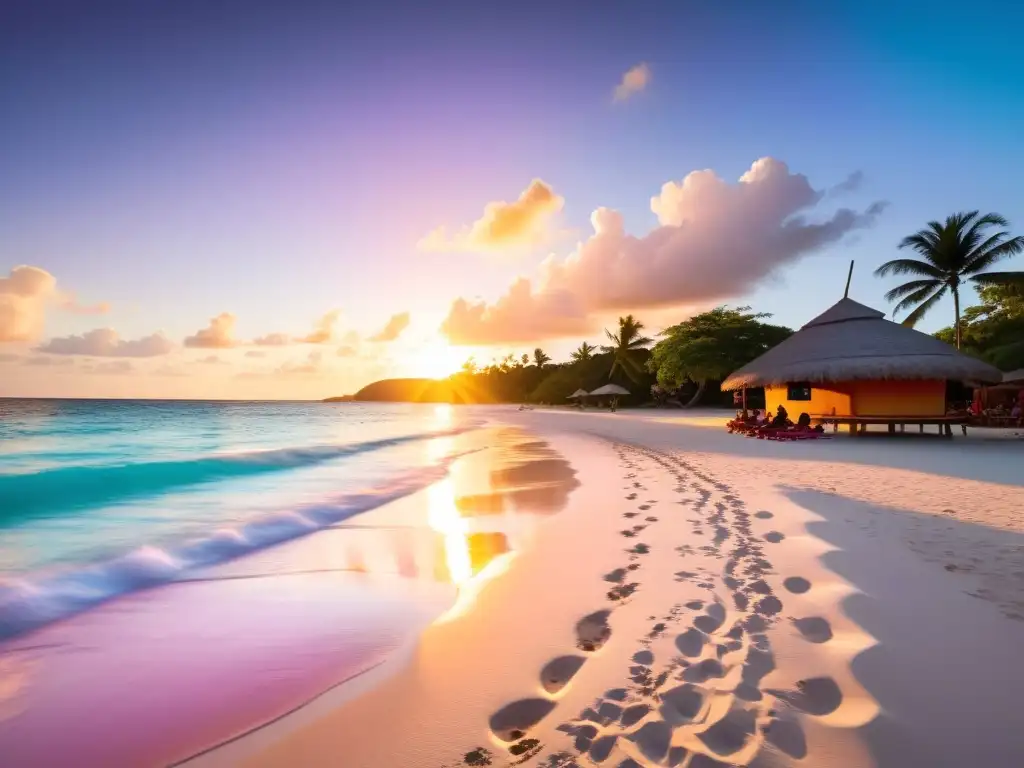 Una playa caribeña vibrante al atardecer, con palmeras, músicos locales y el espíritu de la poesía caribeña contemporánea y su ritmo