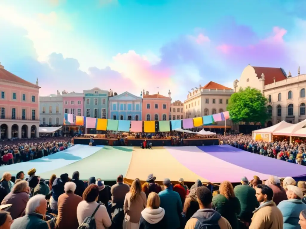 Una plaza animada llena de gente disfrutando de festivales de poesía emocionantes, con edificios coloridos y un ambiente de cuento de hadas