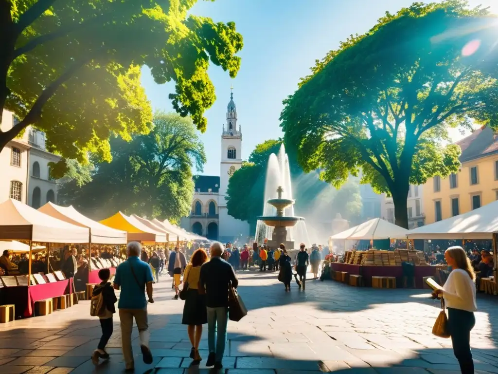 Una plaza animada llena de personas de todas las edades y orígenes, disfrutando de una feria del libro