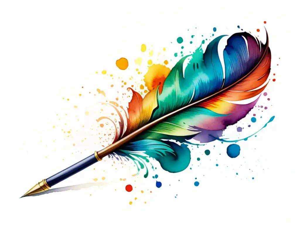 Una pluma de caligrafía rodeada de vibrantes salpicaduras de color, evocando la autenticidad y expresión artística