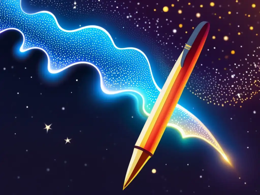 Pluma poética: transición digital Una pluma clásica se transforma en código binario brillante sobre un cielo estrellado, simbolizando el viaje de la poesía a la inmortalidad digital