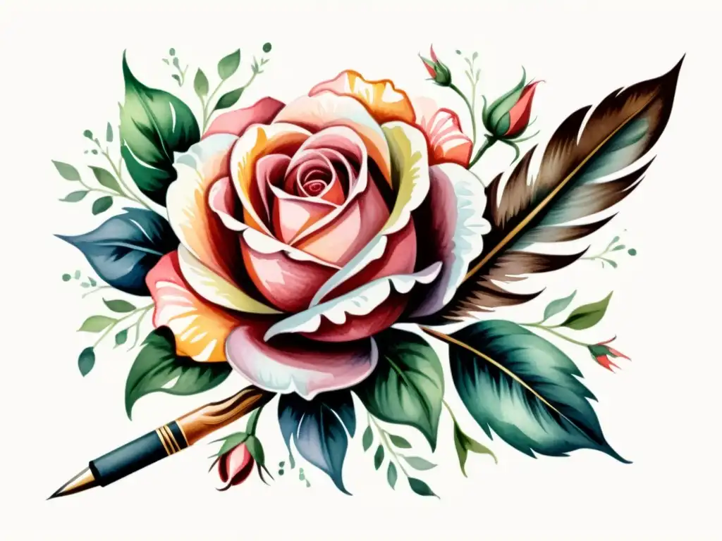 Ilustración acuarela de una pluma que se transforma en una rosa, simbolizando la evolución de la poesía y los derechos de autor en poesía transformada