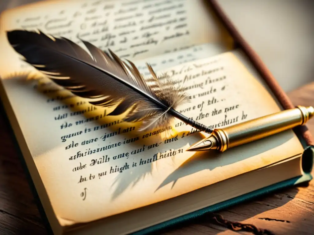 Una pluma vintage se posa delicadamente sobre un libro de poesía abierto, con luz natural que realza los detalles